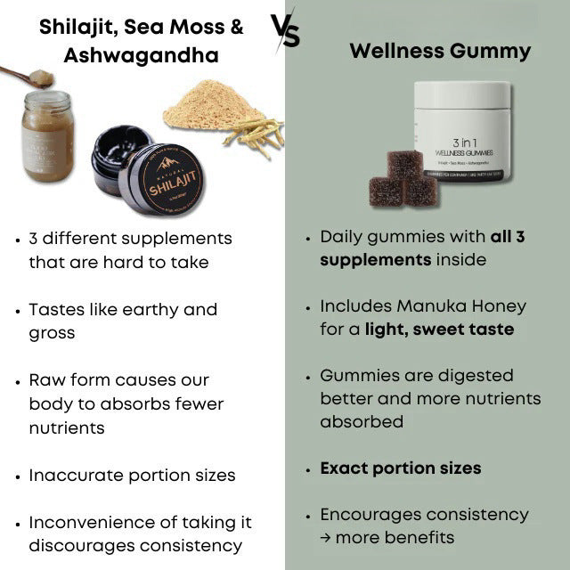 3-in-1 Wellness Gummies with Shilajit, Sea Moss & Ashwagandha – Manuka Honey Blend