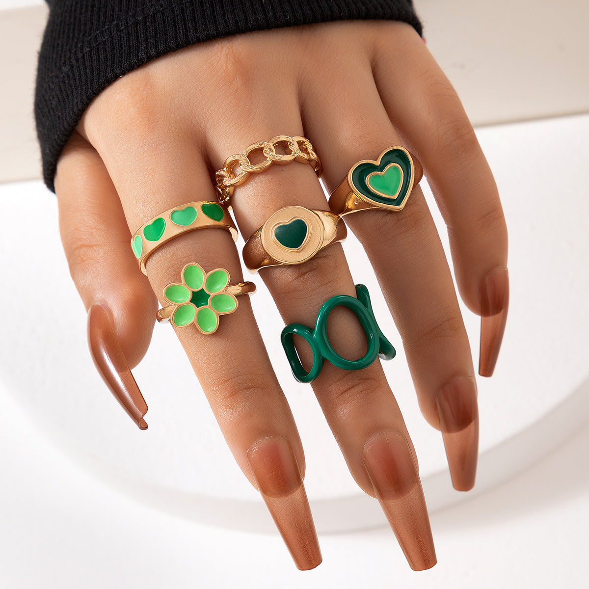 Women’s 6-Piece Ring Set – European Made Geometric & Flower Design with Colorful Enamel Drip