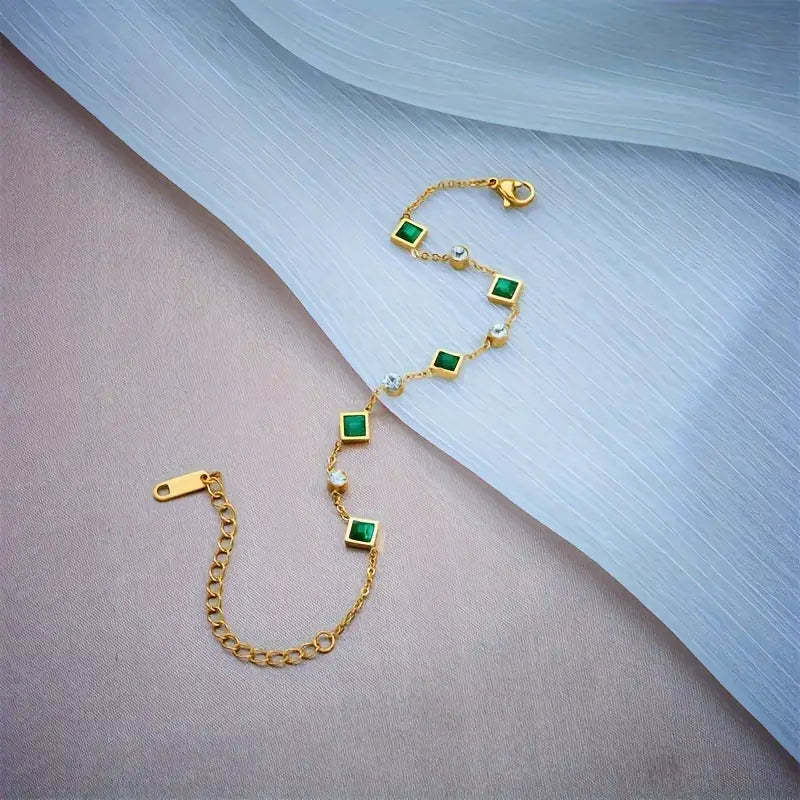 Gold-plated Titanium Steel Square Emerald Inlaid Rhinestone Fashion Bracelet