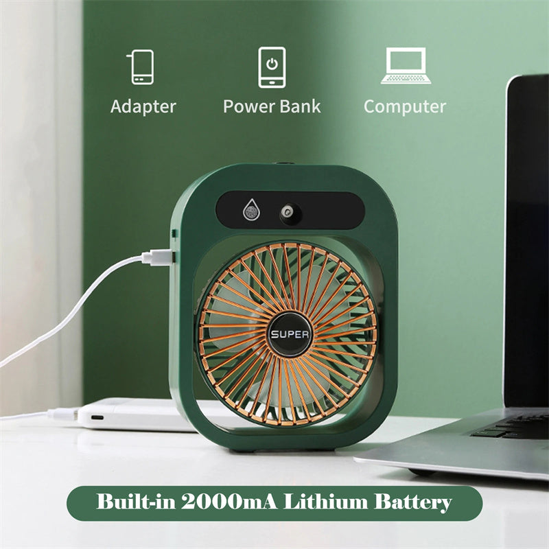 Portable Air Conditioning Desk Fan – USB Rechargeable Misting Cooler & Humidifier with 3 Speeds for Home or Office