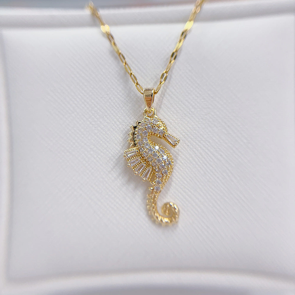 Women’s Zircon Seahorse Pendant Necklace – Gold Electroplated Twisted Chain Jewelry
