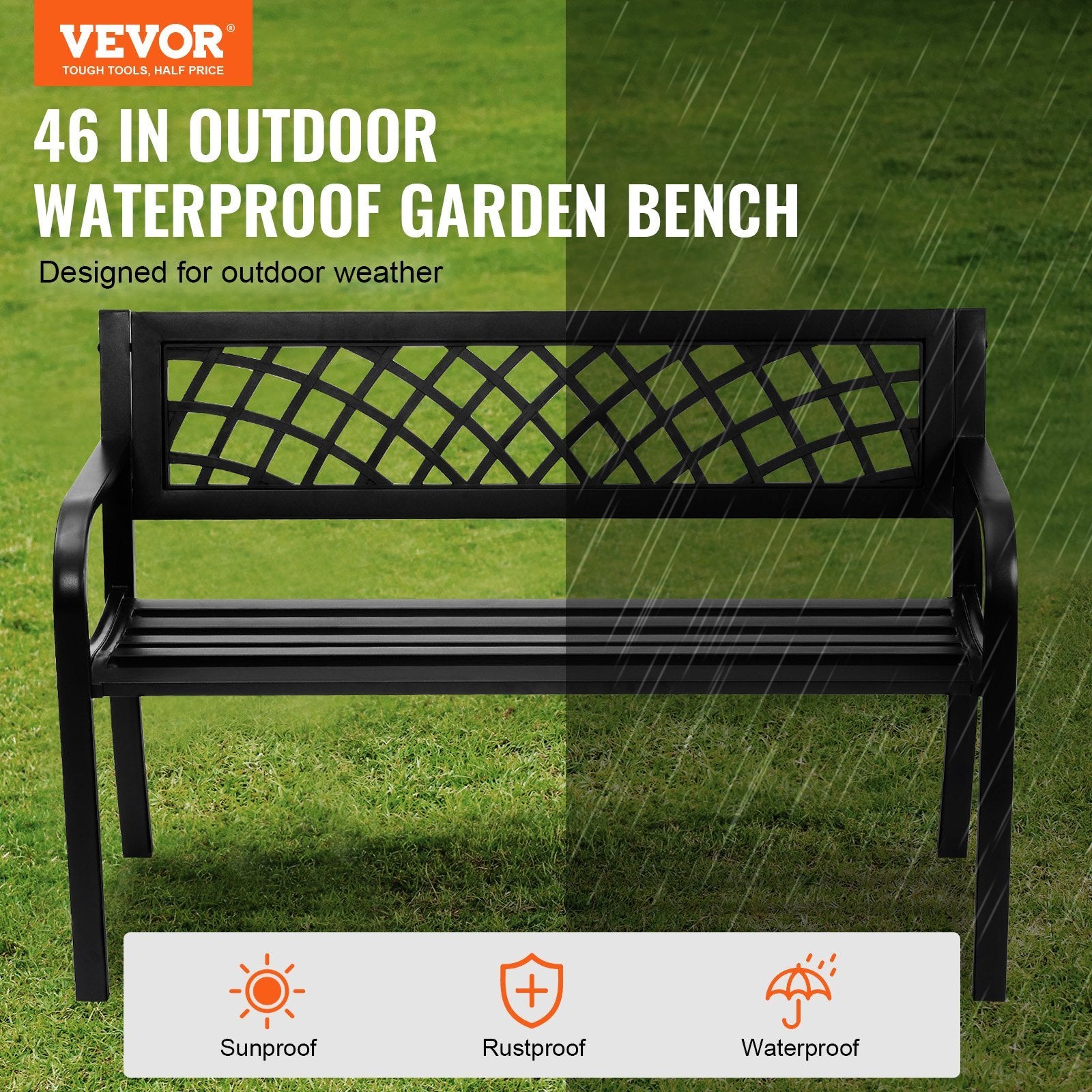 Metal Outdoor Garden Bench – Sturdy Patio Park Bench with Backrest & Armrests