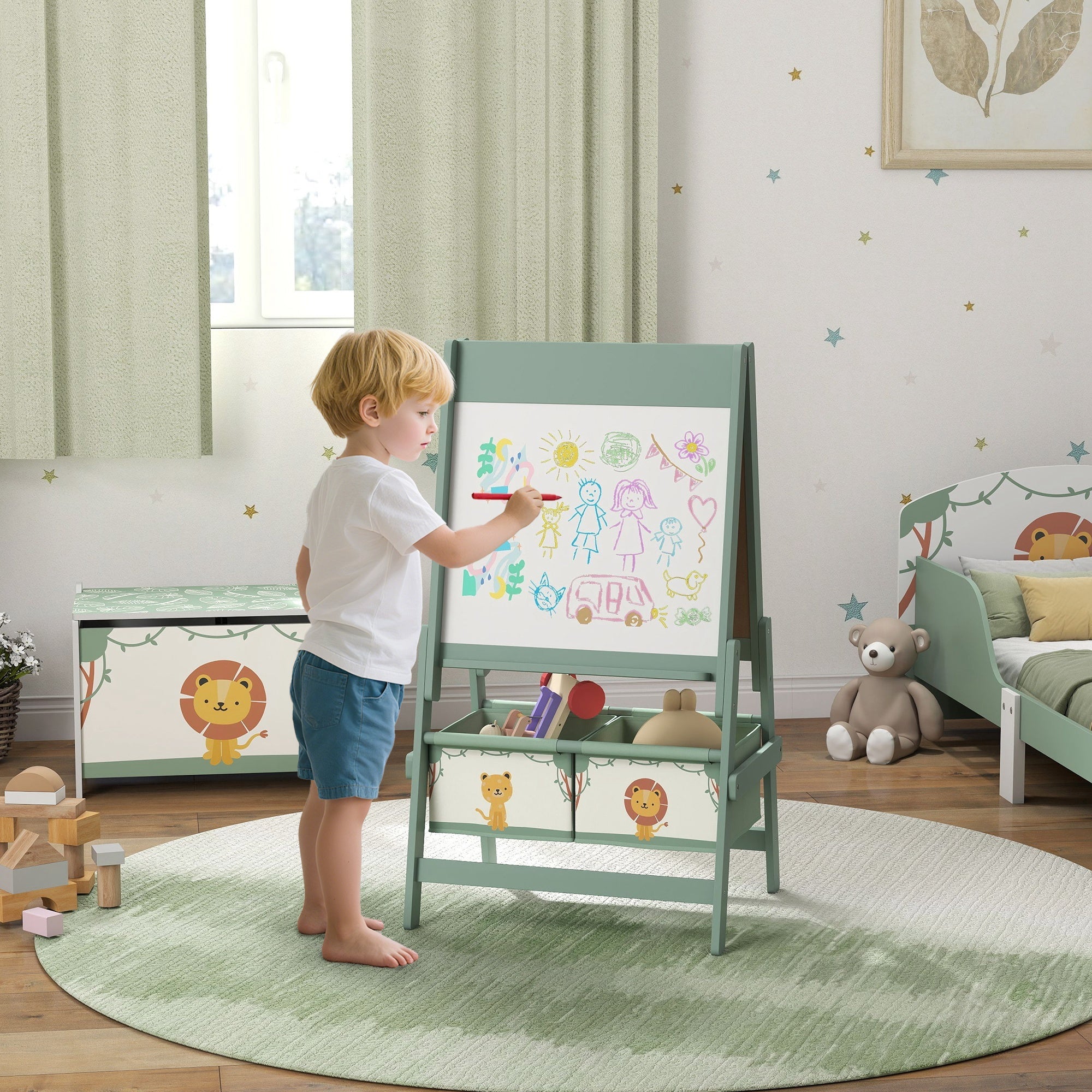 Art Easel For Kids, Double-Sided Whiteboard & Chalkboard With Paper Roll, Storage Baskets