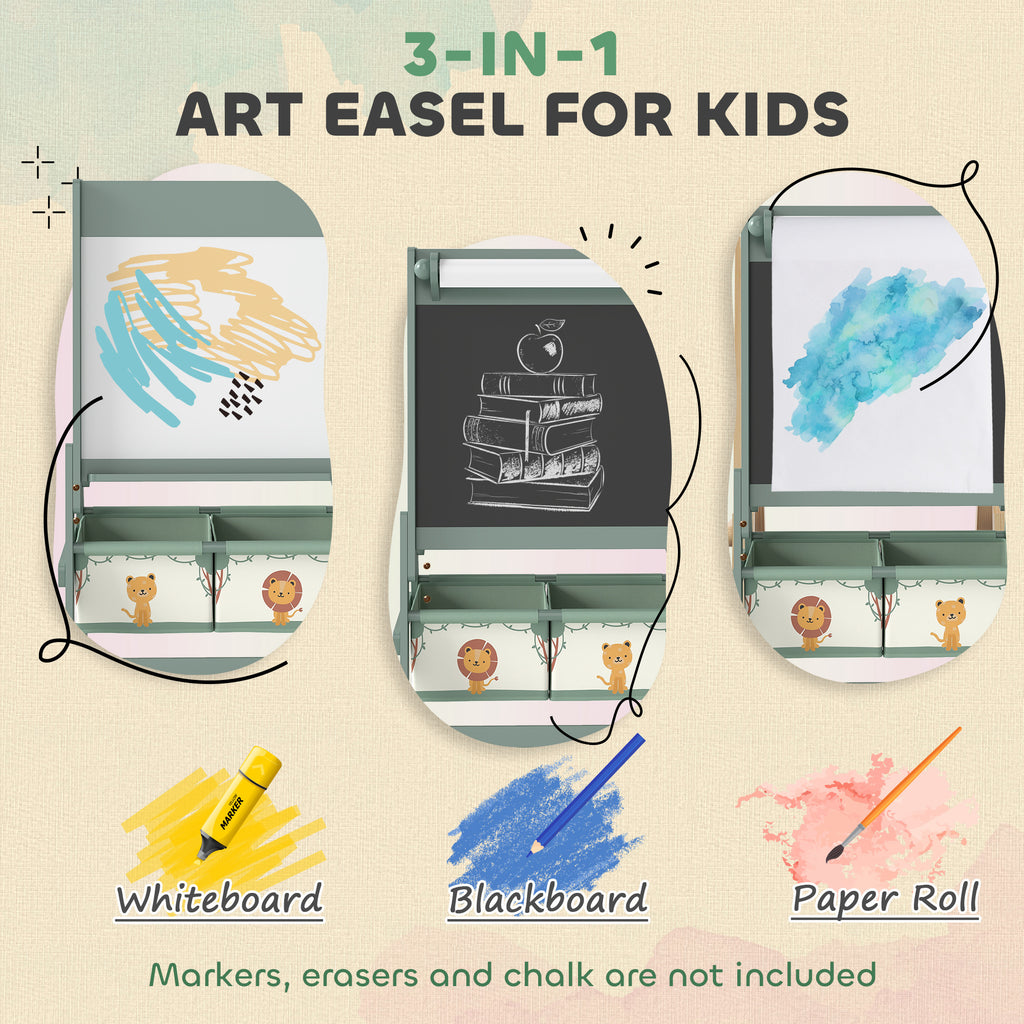 Art Easel For Kids, Double-Sided Whiteboard & Chalkboard With Paper Roll, Storage Baskets