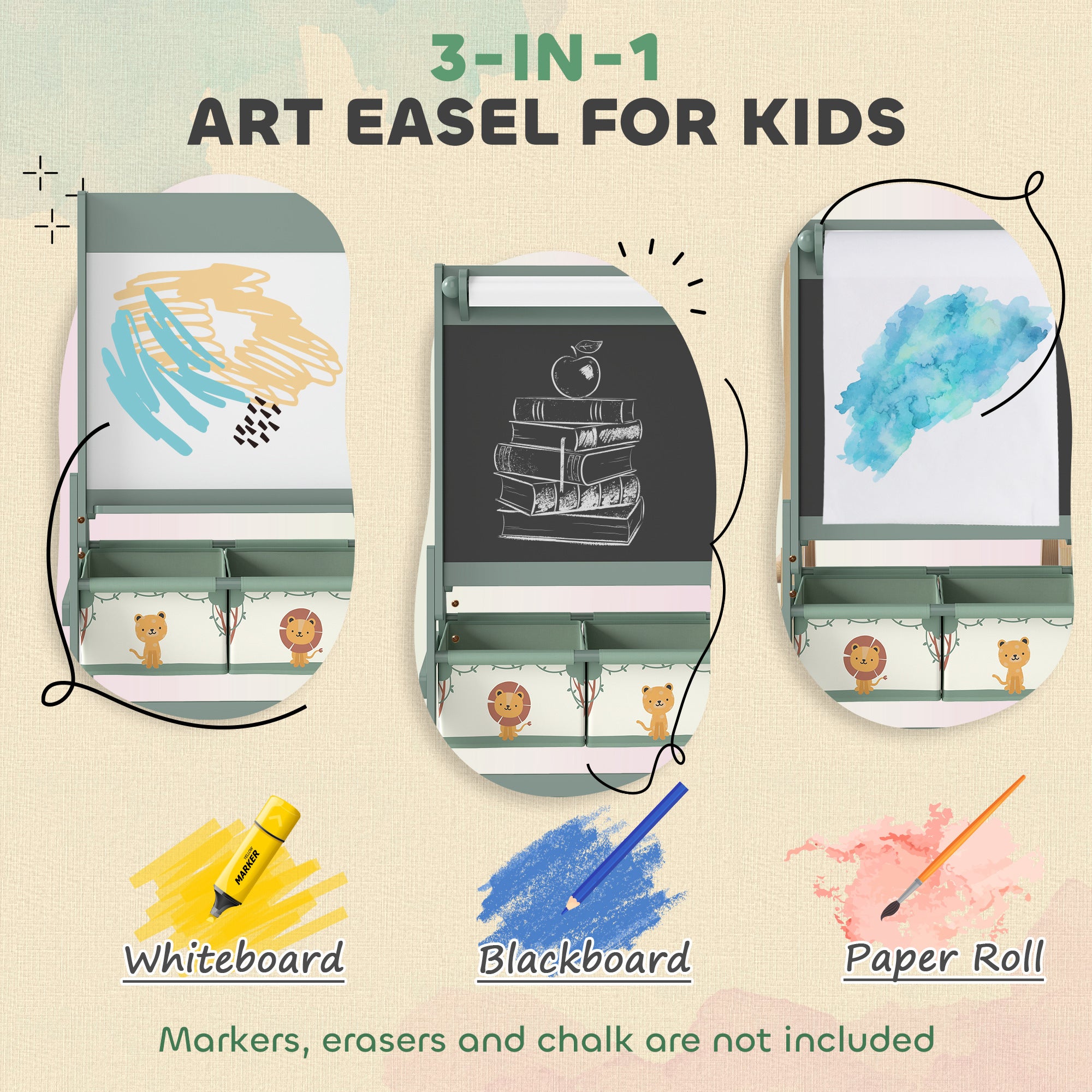 Art Easel For Kids, Double-Sided Whiteboard & Chalkboard With Paper Roll, Storage Baskets