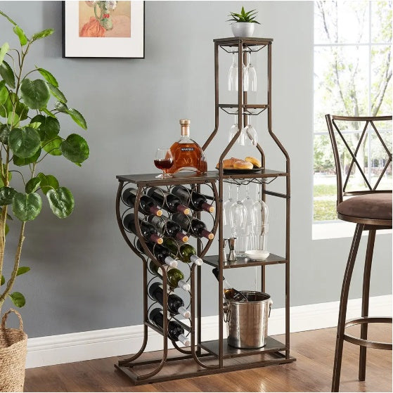 Wine Rack,5 Tier Freestanding Wine Rack With Wine Glass Holder