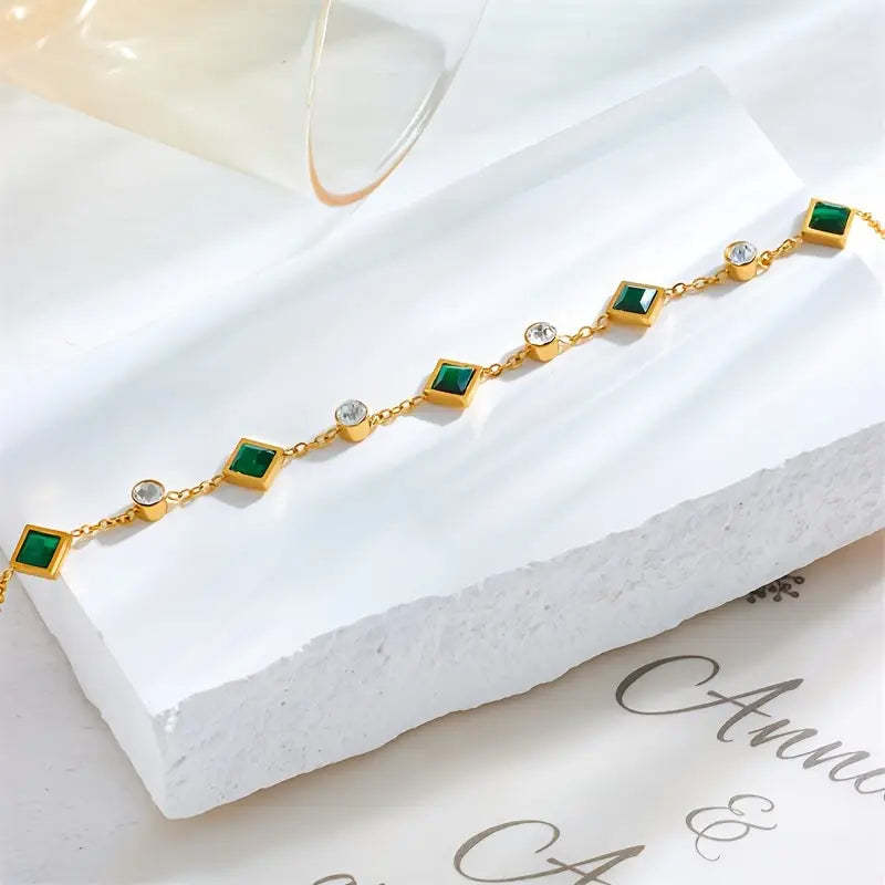 Gold-plated Titanium Steel Square Emerald Inlaid Rhinestone Fashion Bracelet