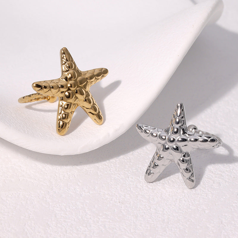 Women’s Starfish Ring – Simple Line Texture, Non-Fading Stainless Steel Ocean Design
