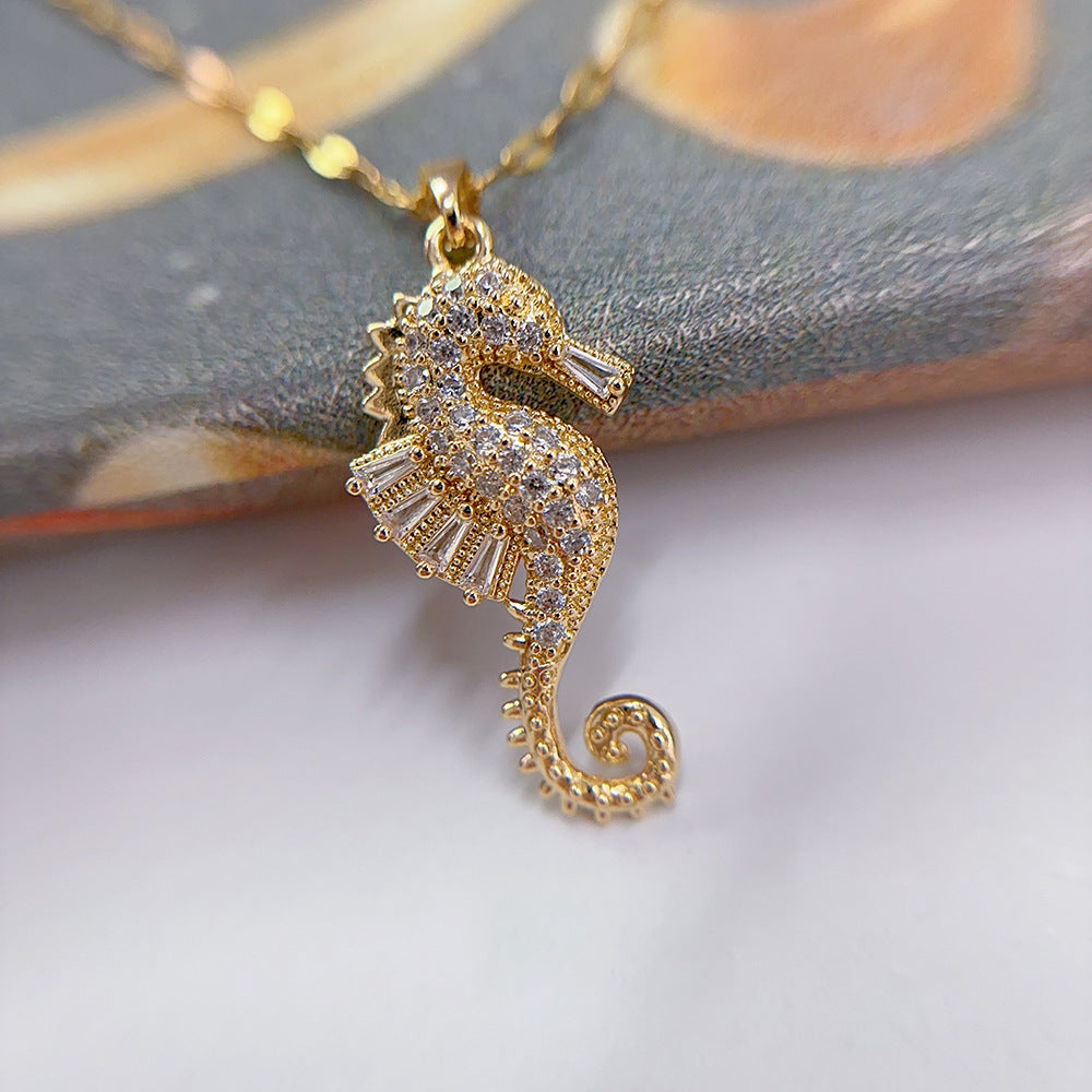 Women’s Zircon Seahorse Pendant Necklace – Gold Electroplated Twisted Chain Jewelry