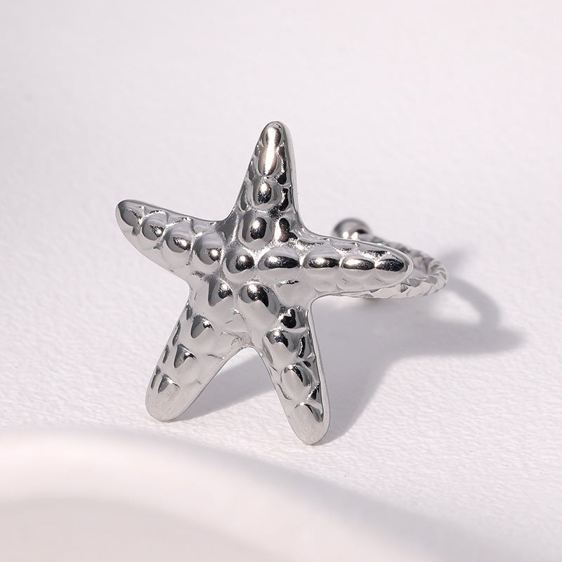 Women’s Starfish Ring – Simple Line Texture, Non-Fading Stainless Steel Ocean Design