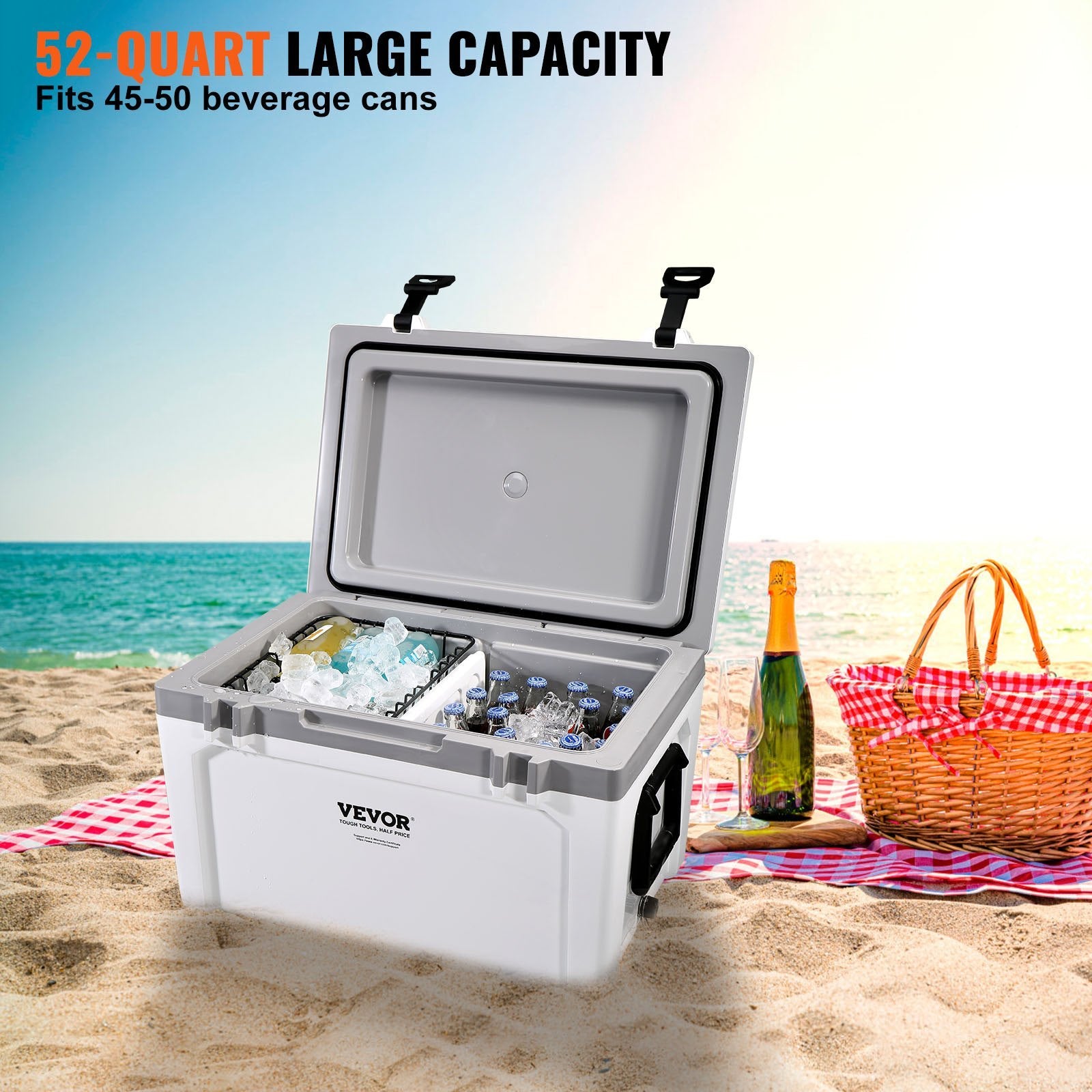Insulated Portable Cooler – Hard Ice Chest with Handle, Holds 50 Cans, Keeps Ice Up to 6 Days