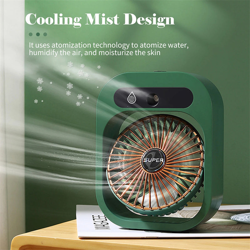 Portable Air Conditioning Desk Fan – USB Rechargeable Misting Cooler & Humidifier with 3 Speeds for Home or Office