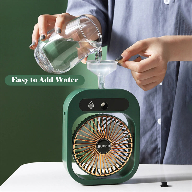 Portable Air Conditioning Desk Fan – USB Rechargeable Misting Cooler & Humidifier with 3 Speeds for Home or Office