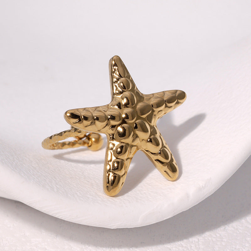 Women’s Starfish Ring – Simple Line Texture, Non-Fading Stainless Steel Ocean Design