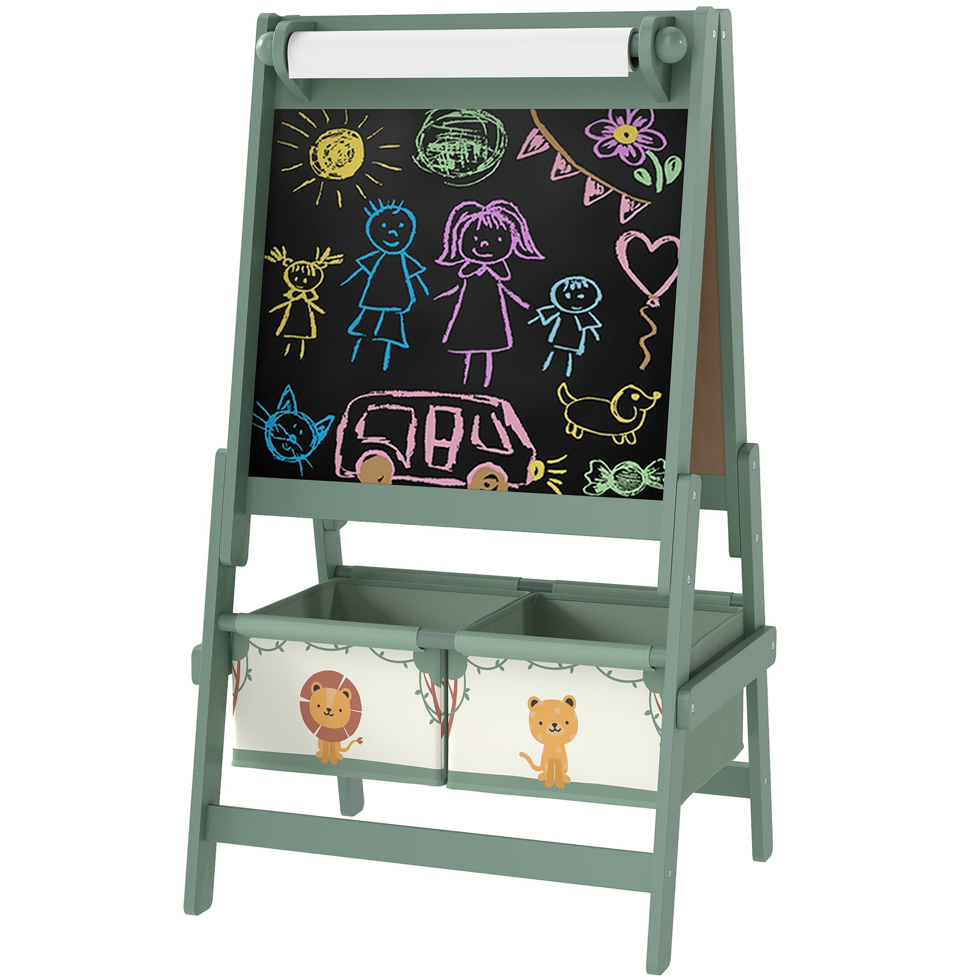 Art Easel For Kids, Double-Sided Whiteboard & Chalkboard With Paper Roll, Storage Baskets