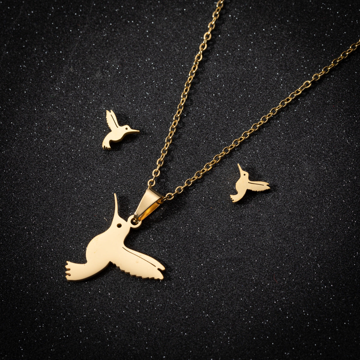 Women’s Stainless Steel Jewelry Set – Mockingbird Necklace & Earrings, Gold or Steel Finish