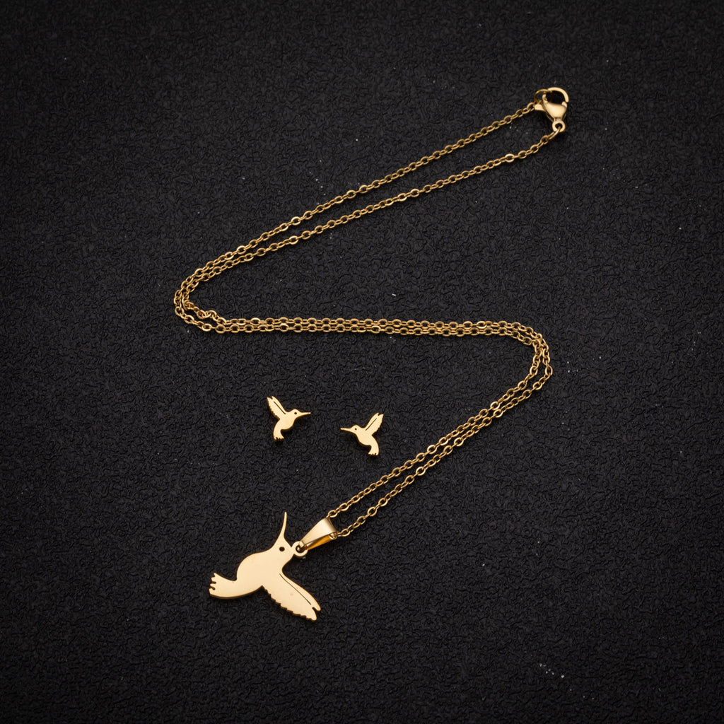Women’s Stainless Steel Jewelry Set – Mockingbird Necklace & Earrings, Gold or Steel Finish
