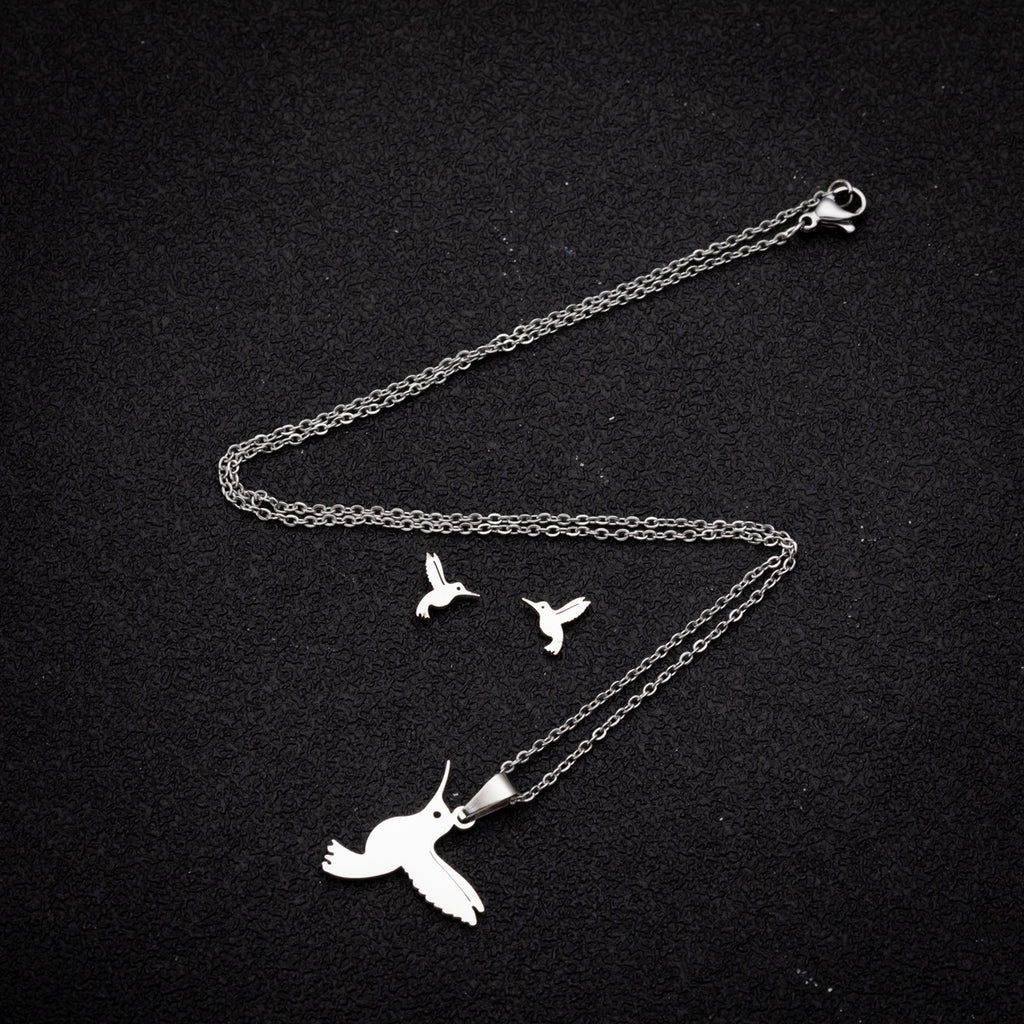Women’s Stainless Steel Jewelry Set – Mockingbird Necklace & Earrings, Gold or Steel Finish