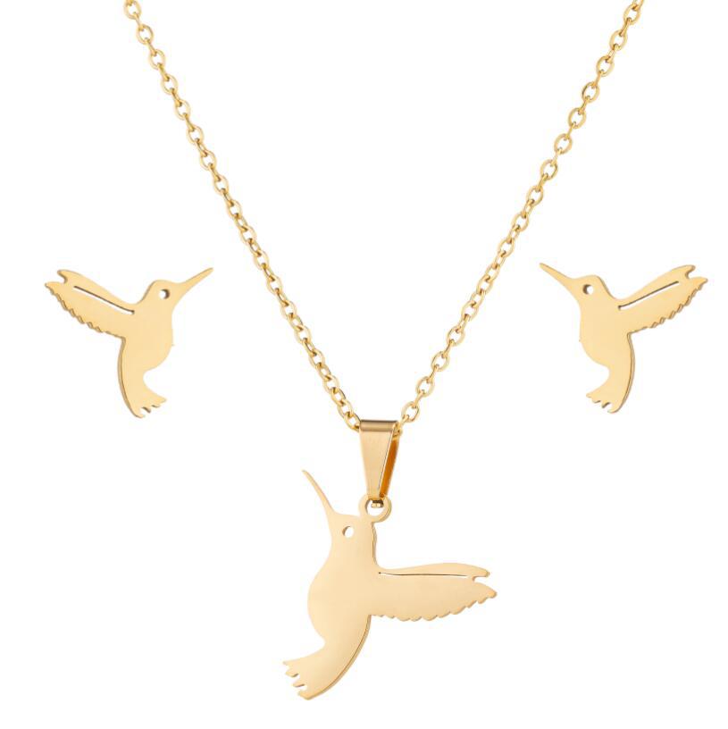 Women’s Stainless Steel Jewelry Set – Mockingbird Necklace & Earrings, Gold or Steel Finish