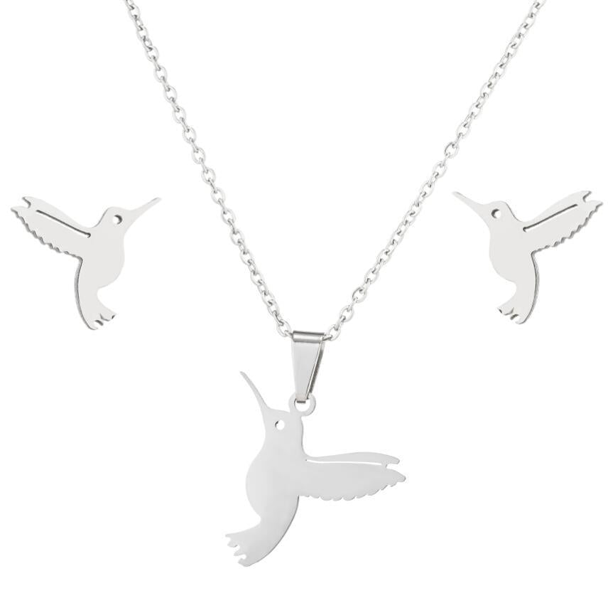Women’s Stainless Steel Jewelry Set – Mockingbird Necklace & Earrings, Gold or Steel Finish
