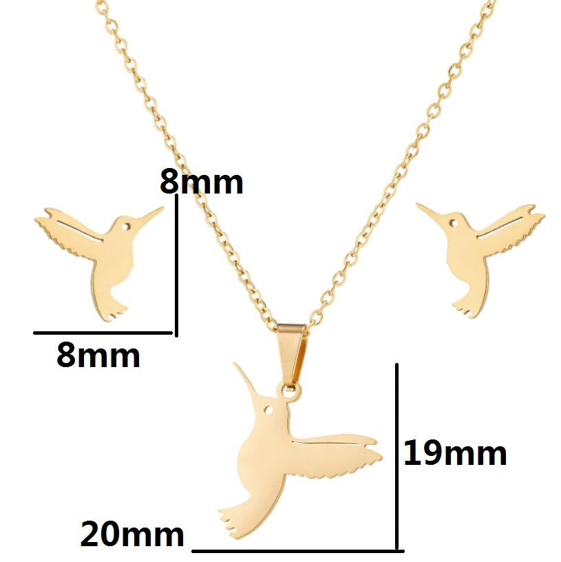 Women’s Stainless Steel Jewelry Set – Mockingbird Necklace & Earrings, Gold or Steel Finish