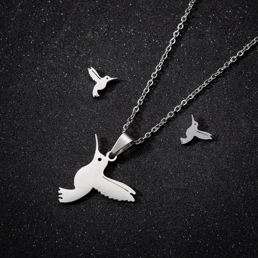 Women’s Stainless Steel Jewelry Set – Mockingbird Necklace & Earrings, Gold or Steel Finish