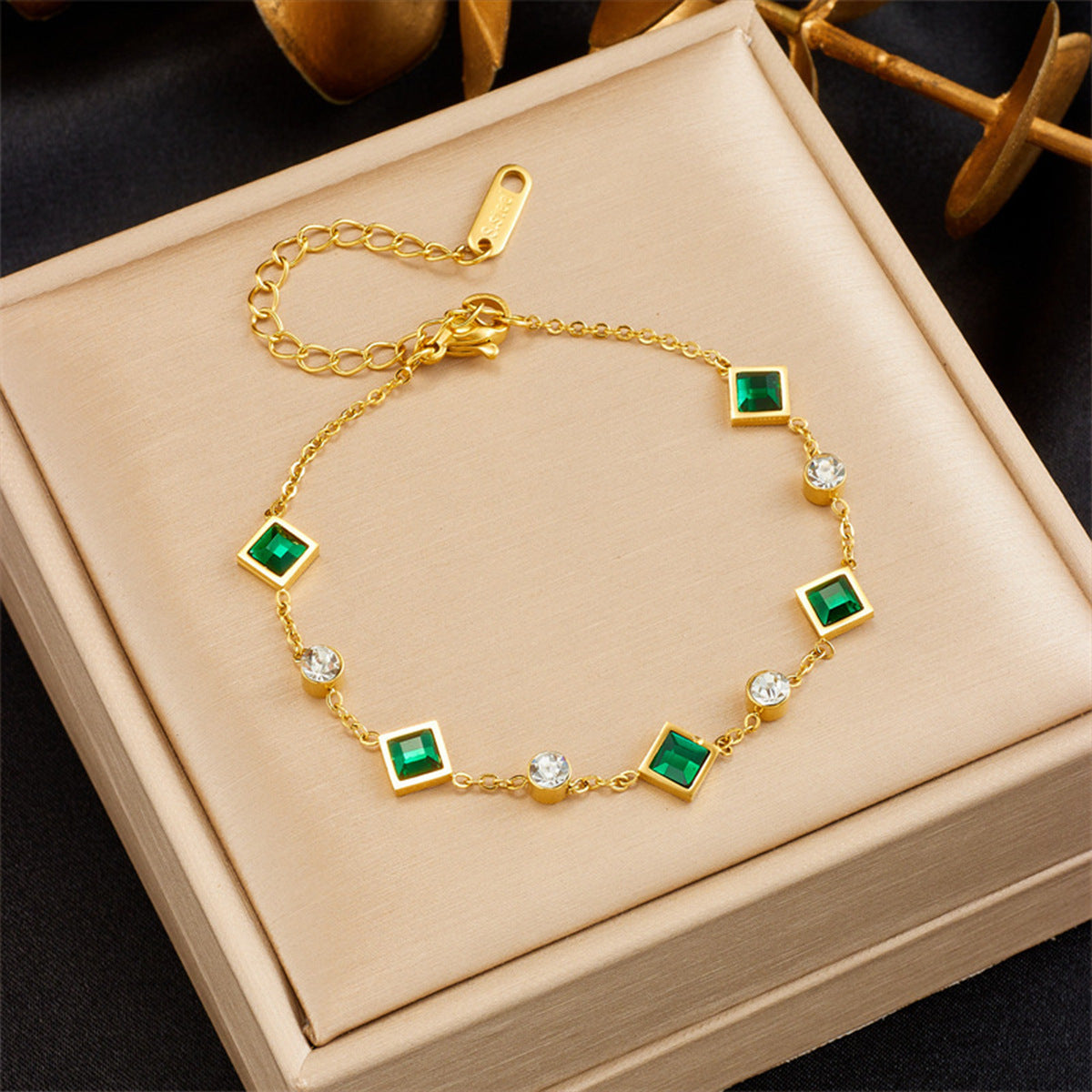 Gold-plated Titanium Steel Square Emerald Inlaid Rhinestone Fashion Bracelet