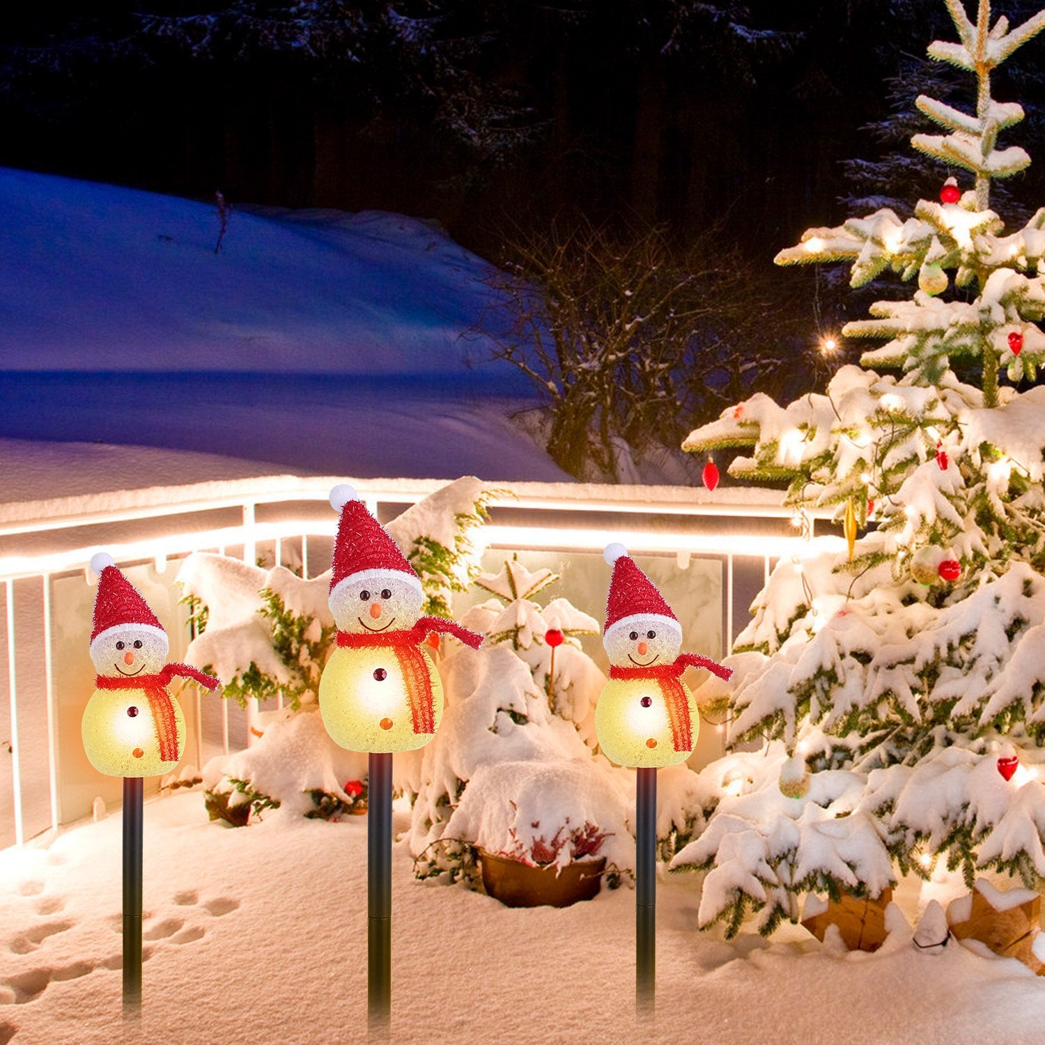 Solar Powered Lamp 3 Snowmen Outdoor Decorative Christmas Lamp