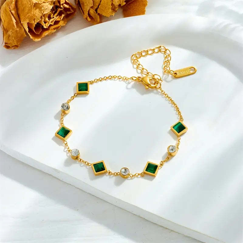 Gold-plated Titanium Steel Square Emerald Inlaid Rhinestone Fashion Bracelet