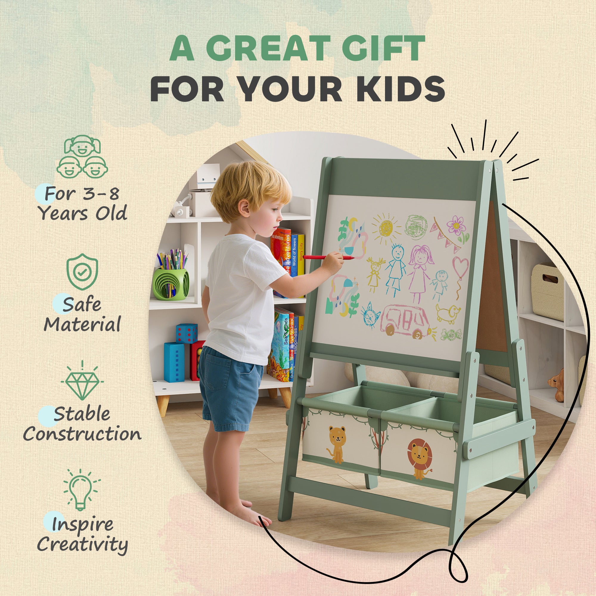 Art Easel For Kids, Double-Sided Whiteboard & Chalkboard With Paper Roll, Storage Baskets