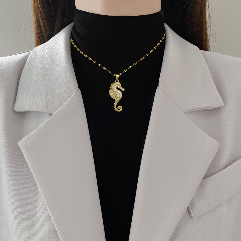 Women’s Zircon Seahorse Pendant Necklace – Gold Electroplated Twisted Chain Jewelry