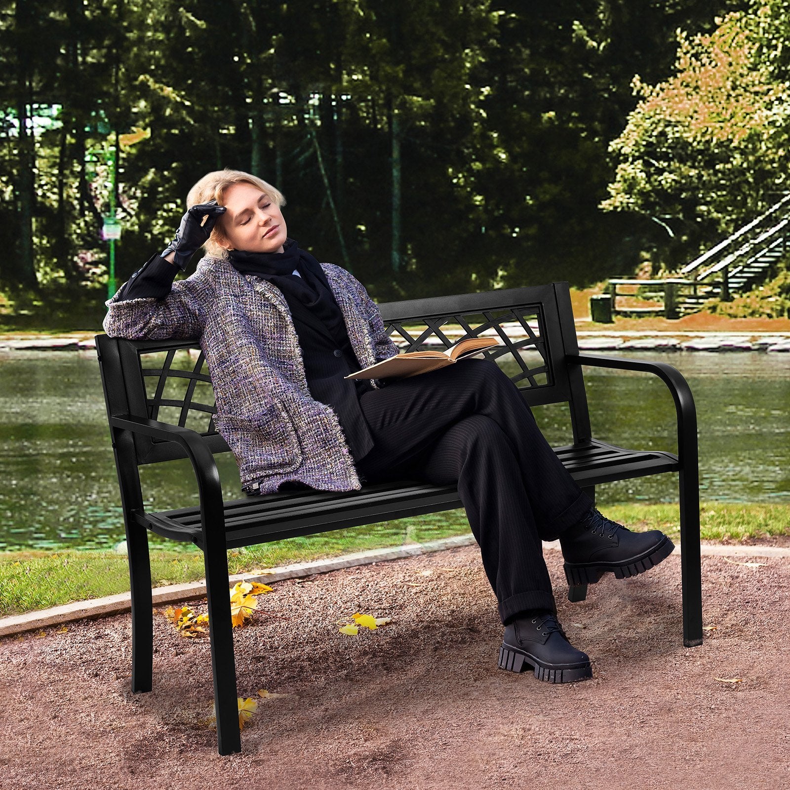 Metal Outdoor Garden Bench – Sturdy Patio Park Bench with Backrest & Armrests