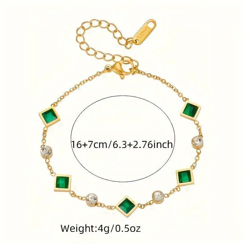 Gold-plated Titanium Steel Square Emerald Inlaid Rhinestone Fashion Bracelet